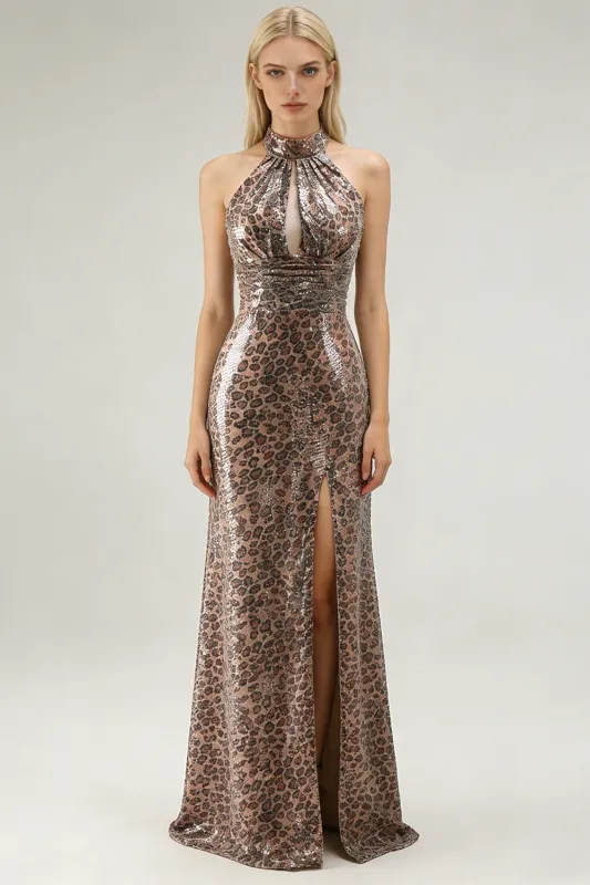 Sparkly Golden Leopard Halter Mermaid Keyhole Sequins Long Prom Dress with Slit made by Wedtrend