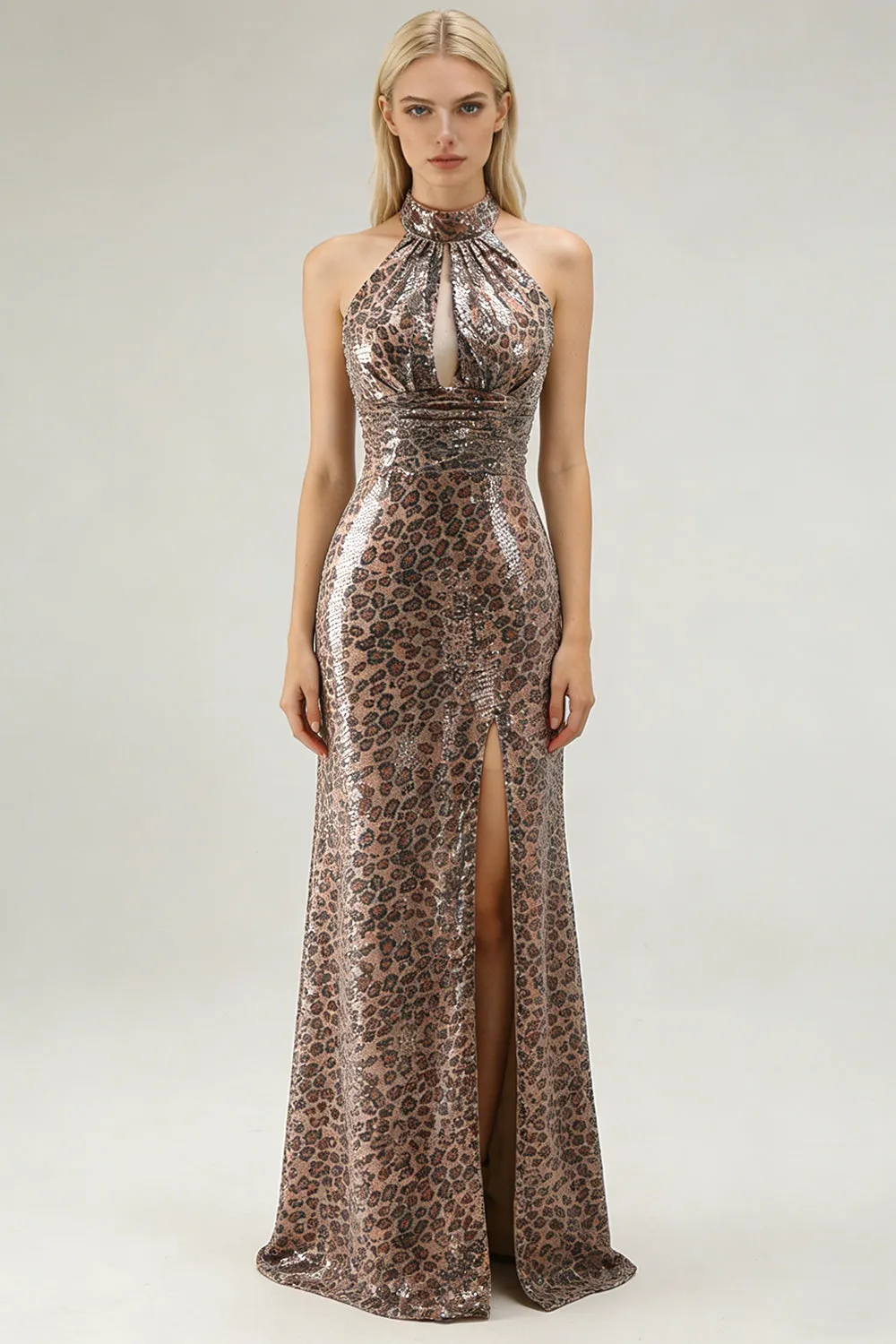 Sparkly Golden Leopard Halter Mermaid Keyhole Sequins Long Prom Dress with Slit sold by Wedtrend