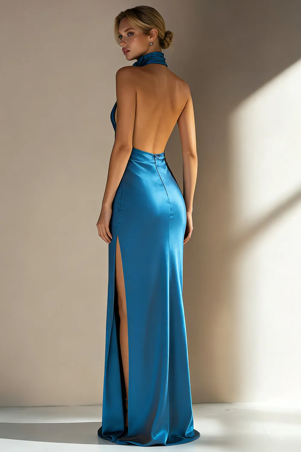Ink Blue Halter Mermaid Satin Formal Dress with Slit sold by Wedtrend product image thumbnail 2