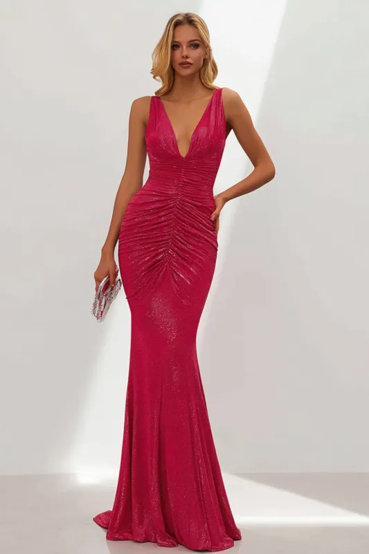 Glitter Fuchsia Mermaid V Neck Ruched Long Formal Dress sold by Wedtrend