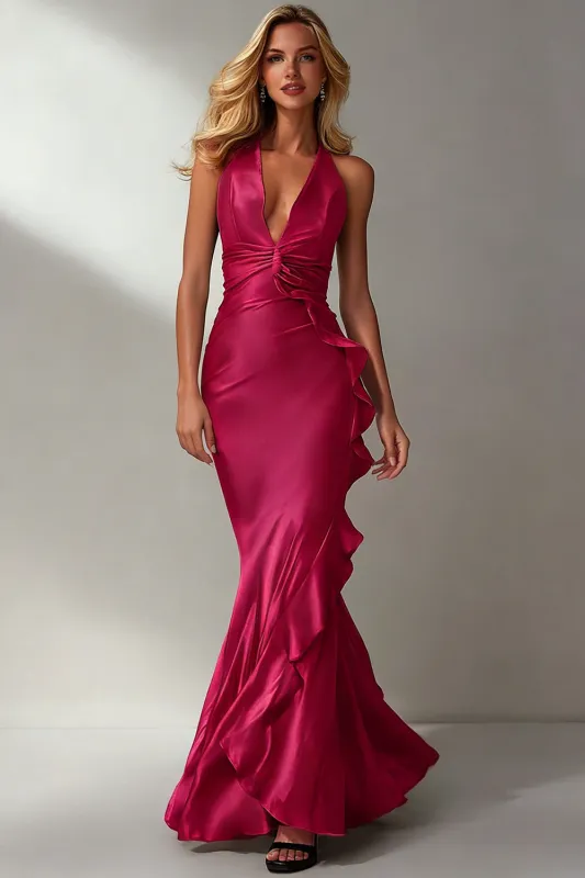 Fuchsia V Neck Mermaid Ruffle Satin Formal Dress made by Wedtrend