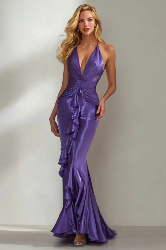Dark Purple Mermaid Ruffle Ruched Long Formal Dress made by Wedtrend
