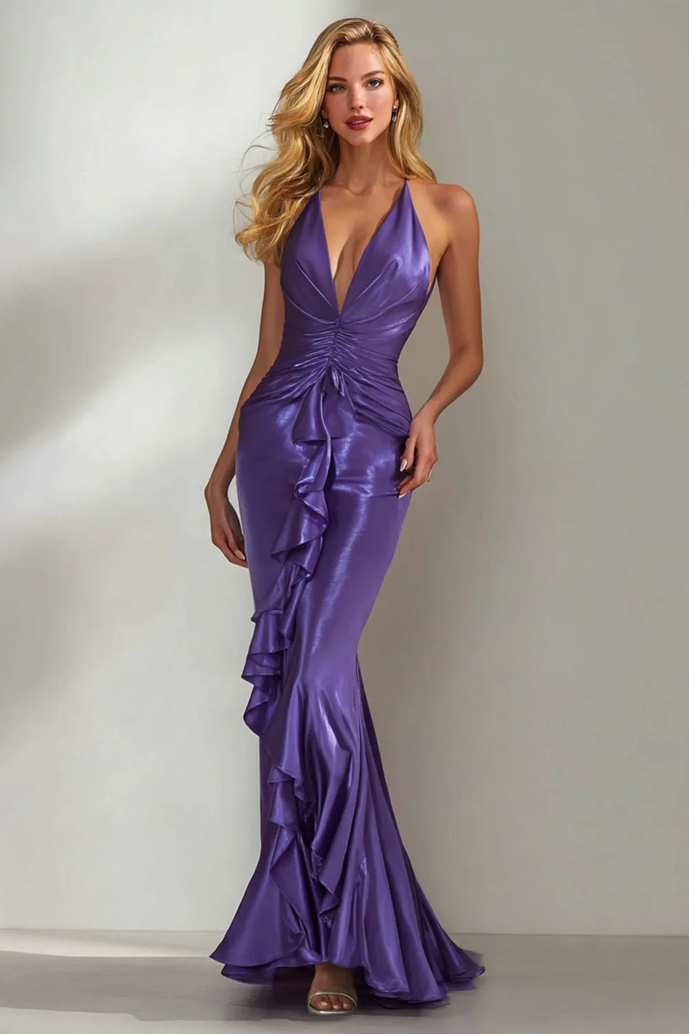 Dark Purple Mermaid Ruffle Ruched Long Formal Dress sold by Wedtrend
