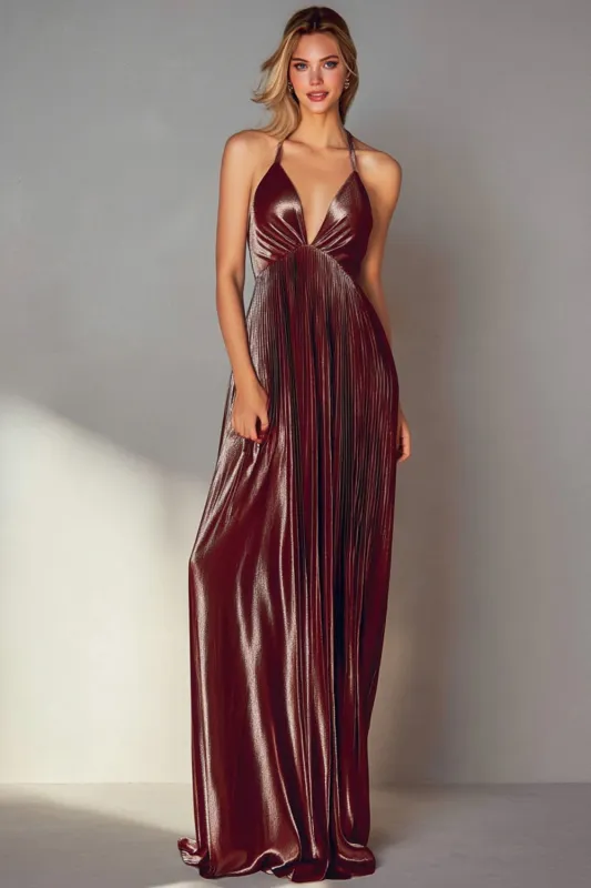 Metallic Coffee A Line Halter Pleated Long Wedding Guest Dress made by Wedtrend
