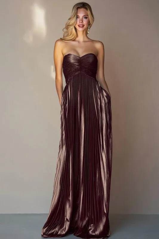 A Line Coffee Sweetheart Pleated Long Wedding Guest Dress sold by Wedtrend