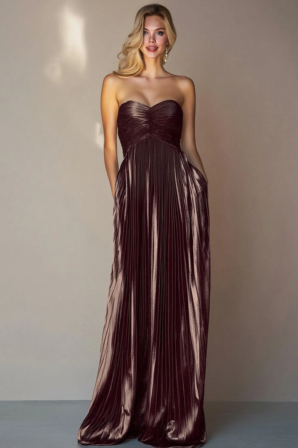 A Line Coffee Sweetheart Pleated Long Wedding Guest Dress sold by Wedtrend