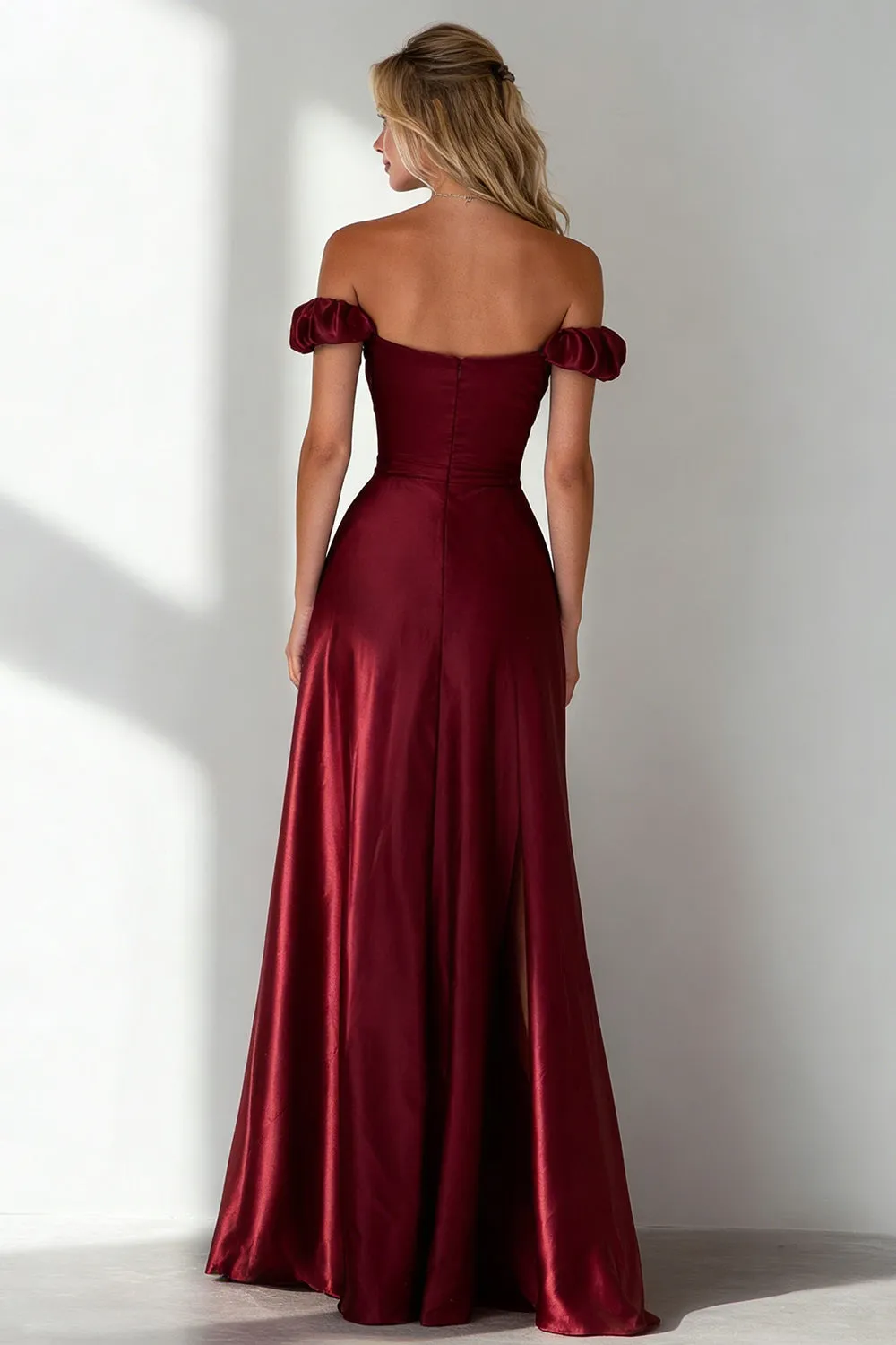 Burgundy A Line Off the Shoulder Long Formal Dress with Slit sold by Wedtrend product image thumbnail 2