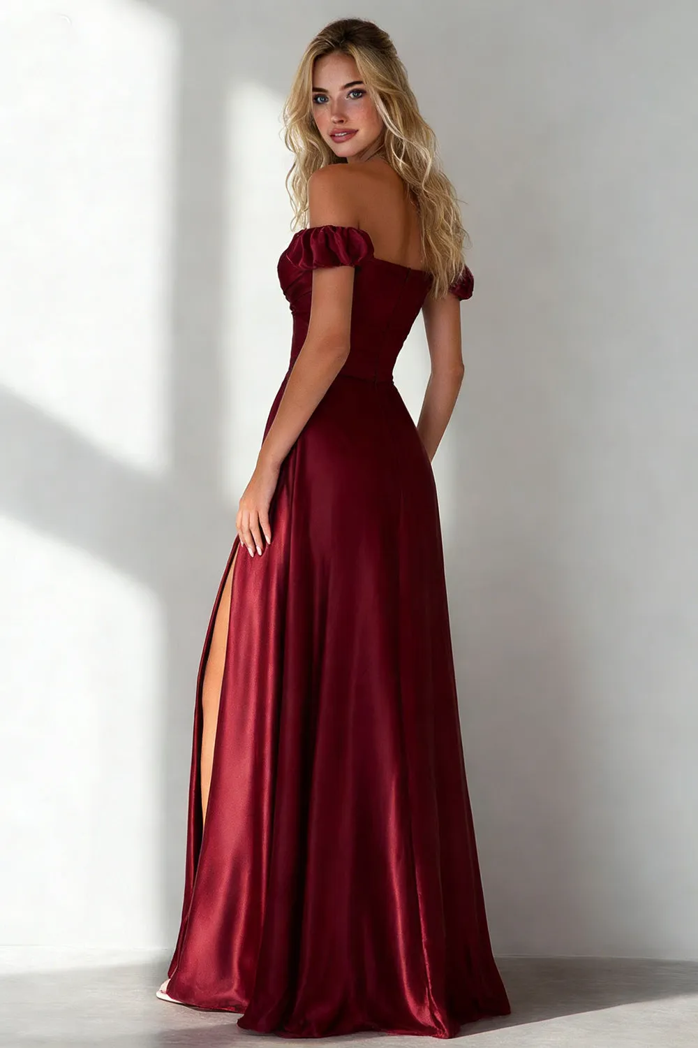 Burgundy A Line Off the Shoulder Long Formal Dress with Slit sold by Wedtrend product image thumbnail 4