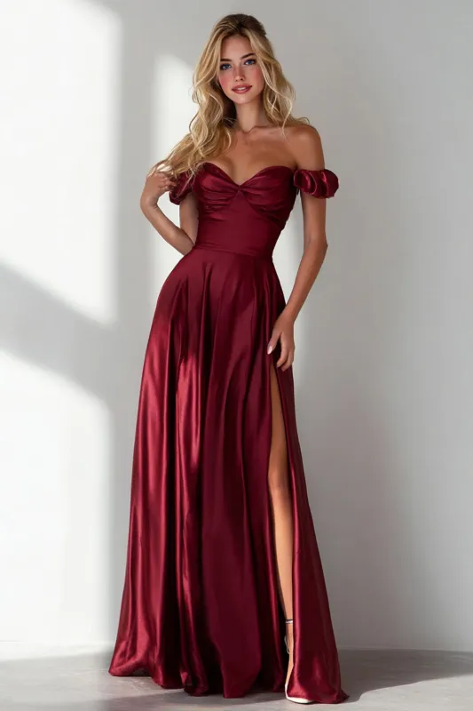 Burgundy A Line Off the Shoulder Long Formal Dress with Slit sold by Wedtrend