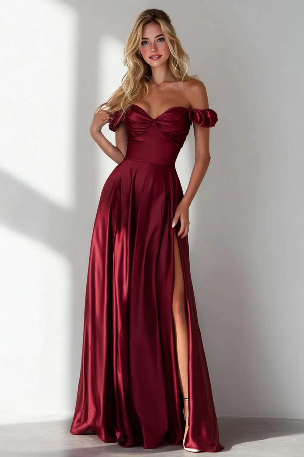 Burgundy A Line Off the Shoulder Long Formal Dress with Slit sold by Wedtrend