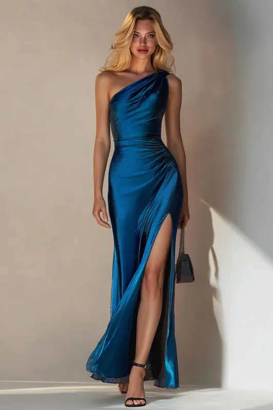 Simple Royal Blue One Shoulder Long Wedding Guest Dress with Slit made by Wedtrend