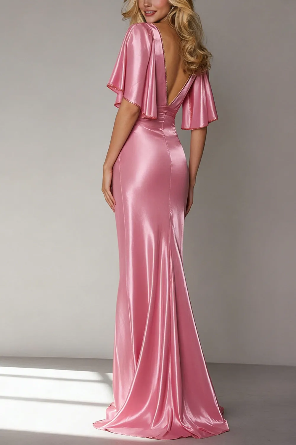 Pink Mermaid V Neck Satin Long Formal Dress with Sleeves sold by Wedtrend product image thumbnail 2