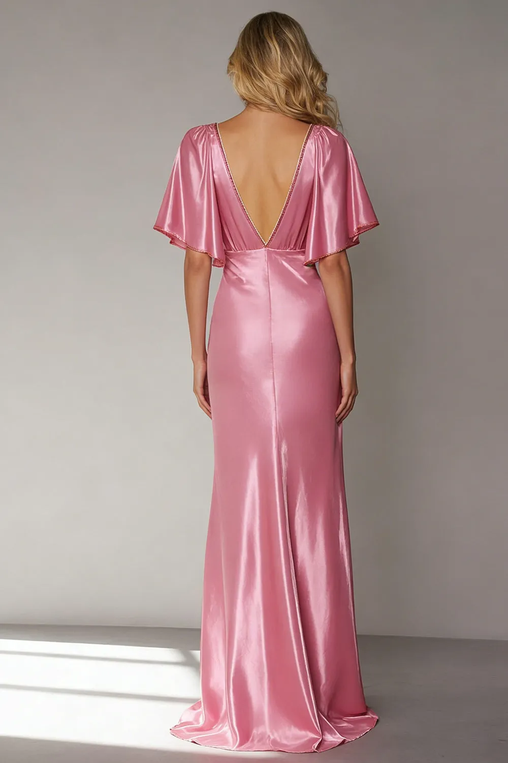Pink Mermaid V Neck Satin Long Formal Dress with Sleeves sold by Wedtrend product image thumbnail 4