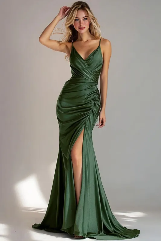 Dark Green Mermaid Ruched Spaghetti Straps Formal Dress with Slit made by Wedtrend