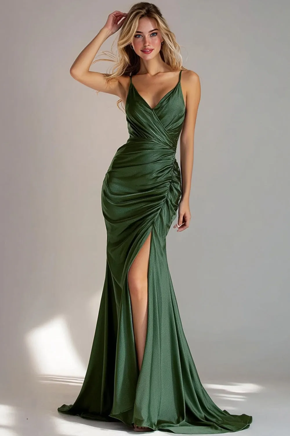 Dark Green Mermaid Ruched Spaghetti Straps Formal Dress with Slit sold by Wedtrend
