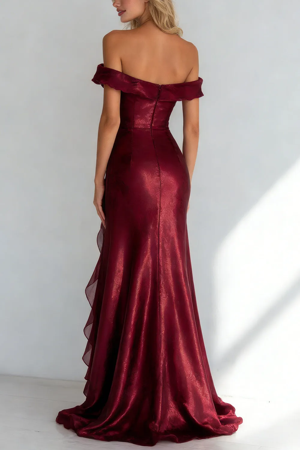 Mermaid Off the Shoulder Burgundy Long Formal Dress with Ruffles sold by Wedtrend product image thumbnail 2