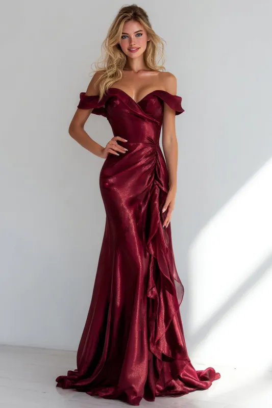 Mermaid Off the Shoulder Burgundy Long Formal Dress with Ruffles made by Wedtrend