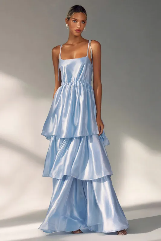 Light Blue A Line Spaghetti Straps Tiered Ruffle Wedding Guest Dress made by Wedtrend