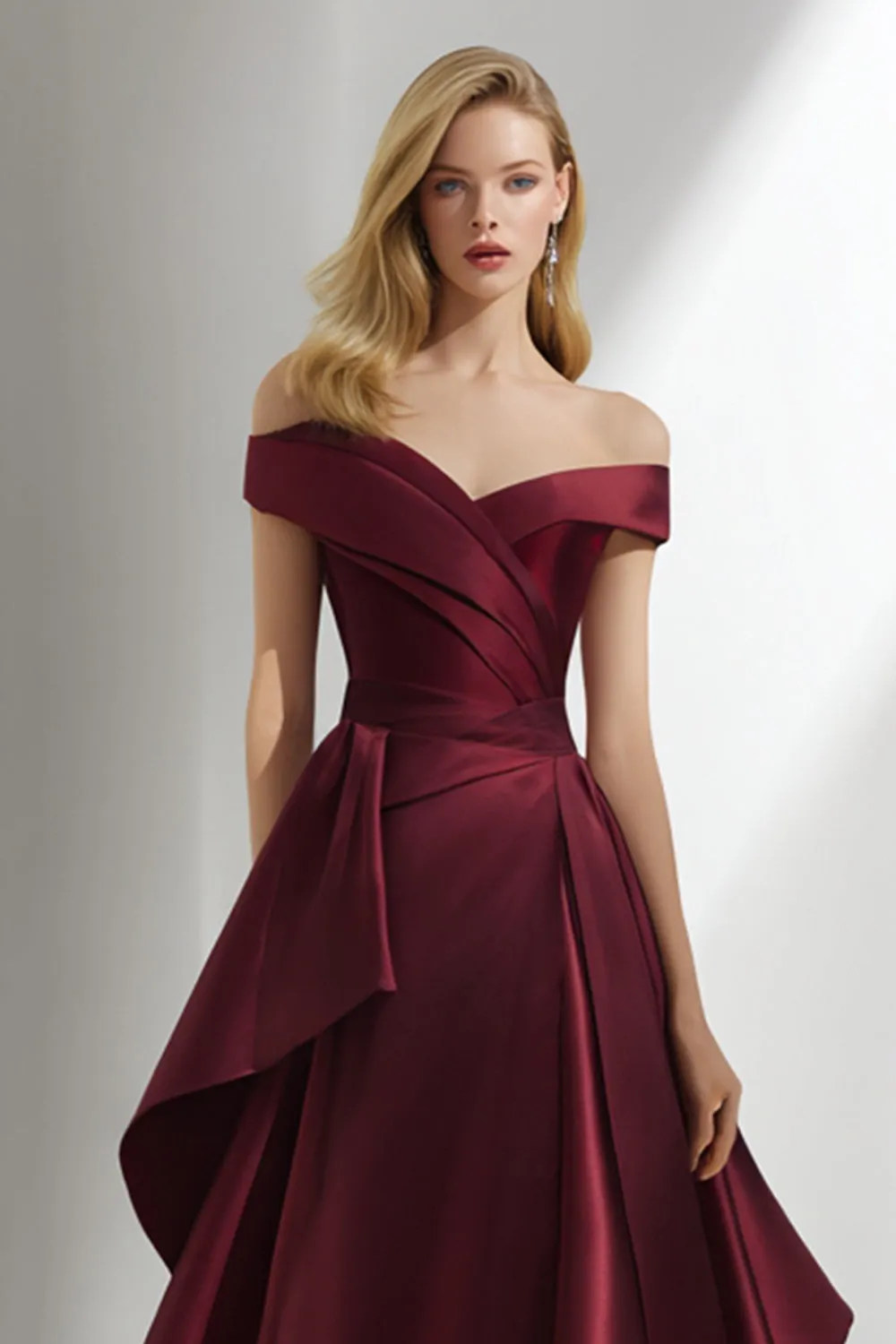 Off the Shoulder Burgundy A Line Satin Long Formal Dress sold by Wedtrend product image thumbnail 3