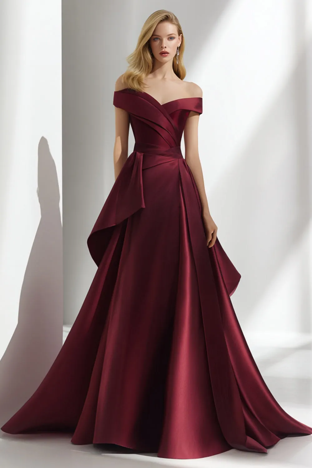 Off the Shoulder Burgundy A Line Satin Long Formal Dress sold by Wedtrend