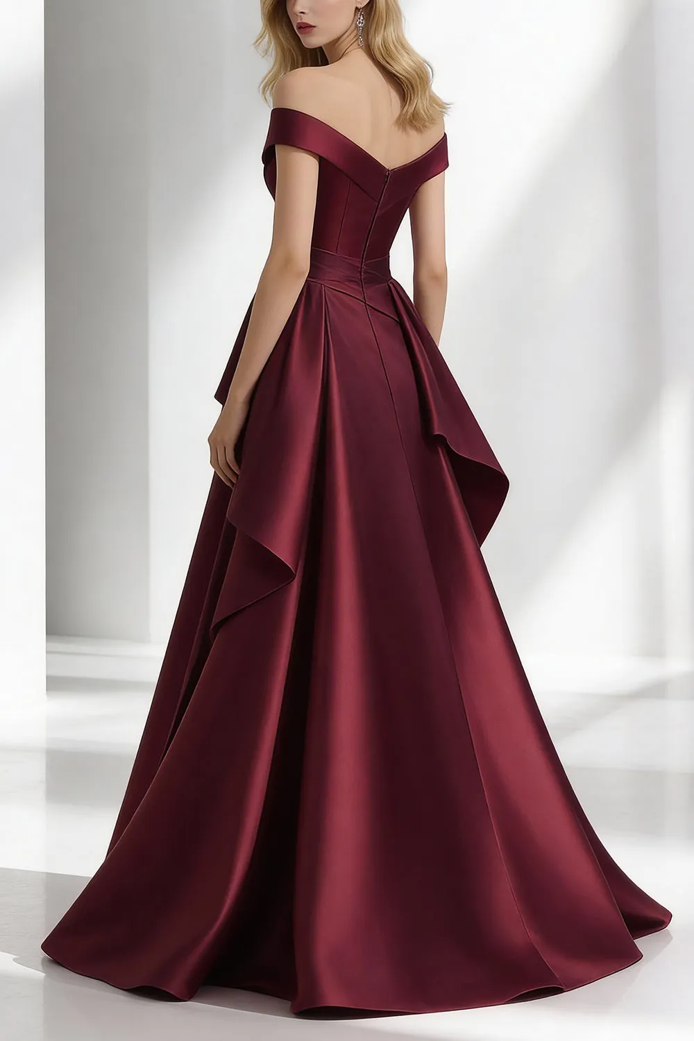 Off the Shoulder Burgundy A Line Satin Long Formal Dress sold by Wedtrend product image thumbnail 2