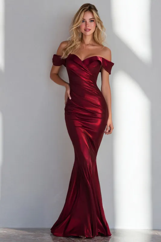 Burgundy Off the Shoulder Mermaid Ruched Long Formal Dress made by Wedtrend