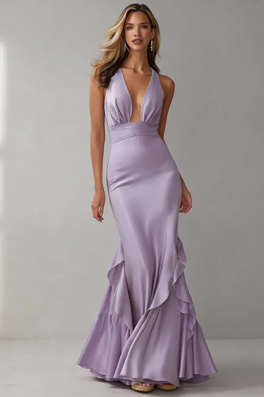 Lilac Halter Mermaid Ruffle V Neck Long Wedding Guest Dress made by Wedtrend