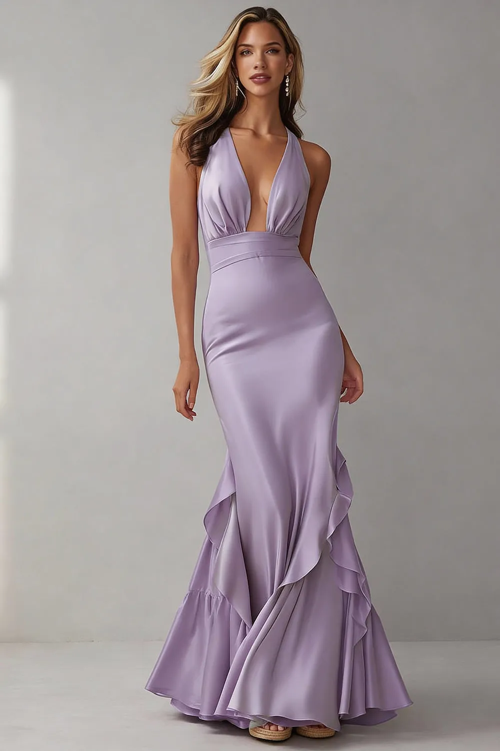 Lilac Halter Mermaid Ruffle V Neck Long Wedding Guest Dress sold by Wedtrend