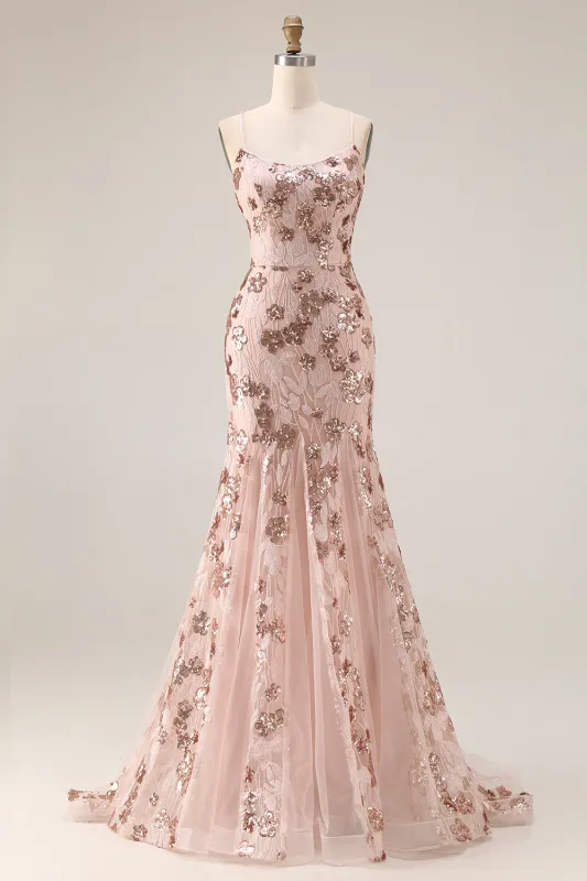 Sparkly Rose Golden Mermaid Sequin Appliqued Long Prom Dress with Lace Up Back made by Wedtrend