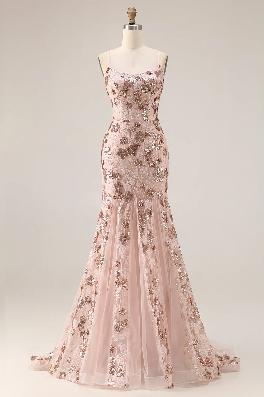 Sparkly Rose Golden Mermaid Sequin Appliqued Long Prom Dress with Lace Up Back sold by Wedtrend