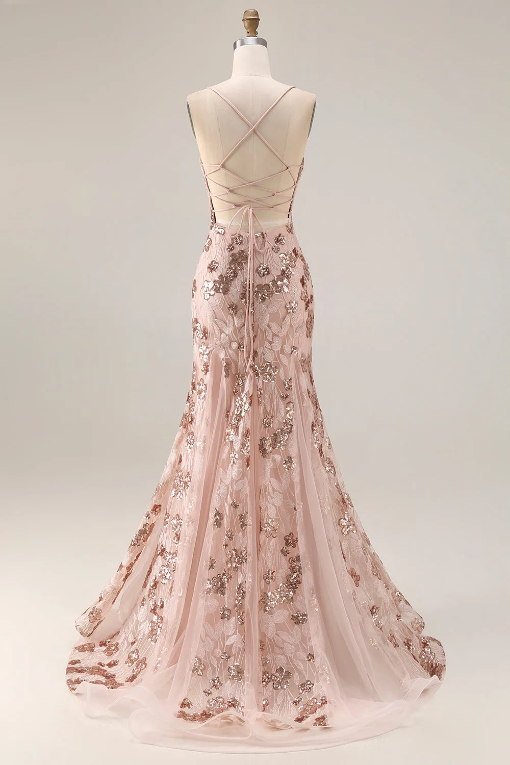 Sparkly Rose Golden Mermaid Sequin Appliqued Long Prom Dress with Lace Up Back sold by Wedtrend product image thumbnail 2