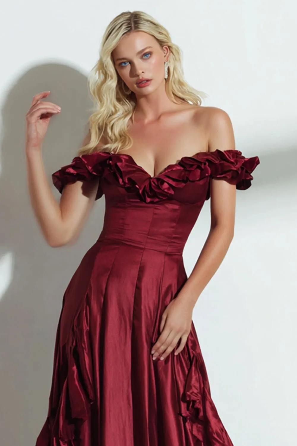 Off the Shoulder Burgundy A Line Formal Dress with Ruffles sold by Wedtrend product image thumbnail 3