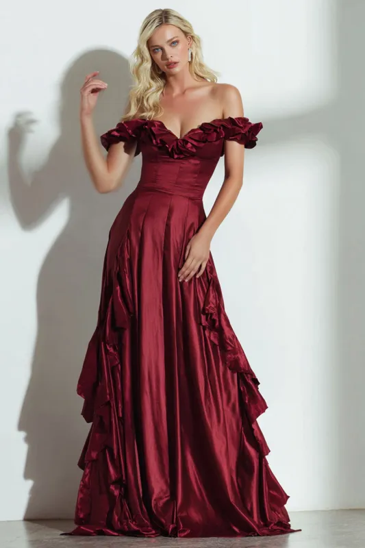 Off the Shoulder Burgundy A Line Formal Dress with Ruffles made by Wedtrend
