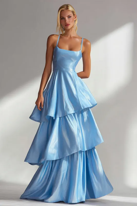 Light Blue A Line Spaghetti Straps Tiered Ruffle Satin Maxi Dress made by Wedtrend