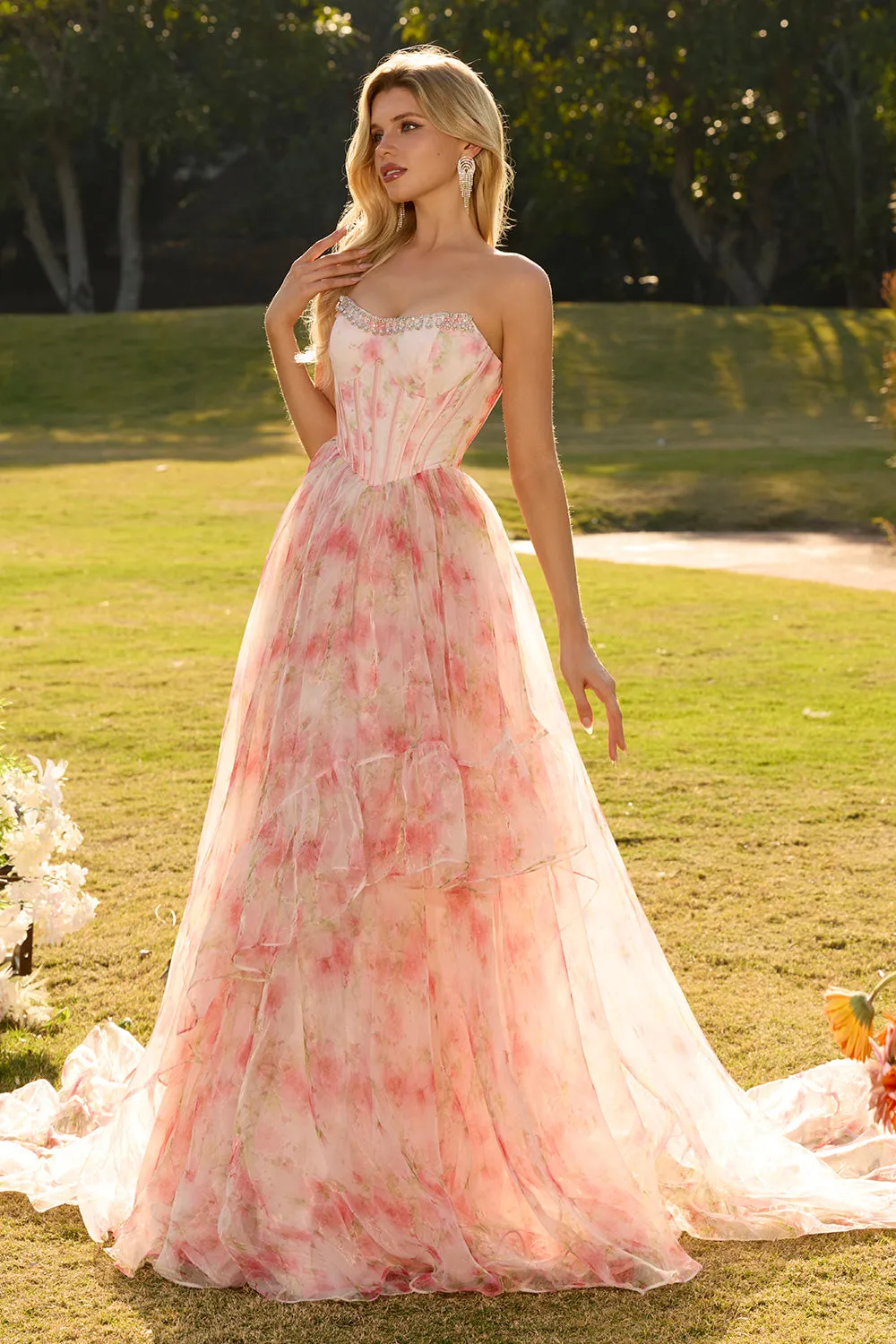 Strapless Pink A-Line Corset Print Floral Beaded Long Prom Dress with Ruffles sold by Wedtrend product image thumbnail 3