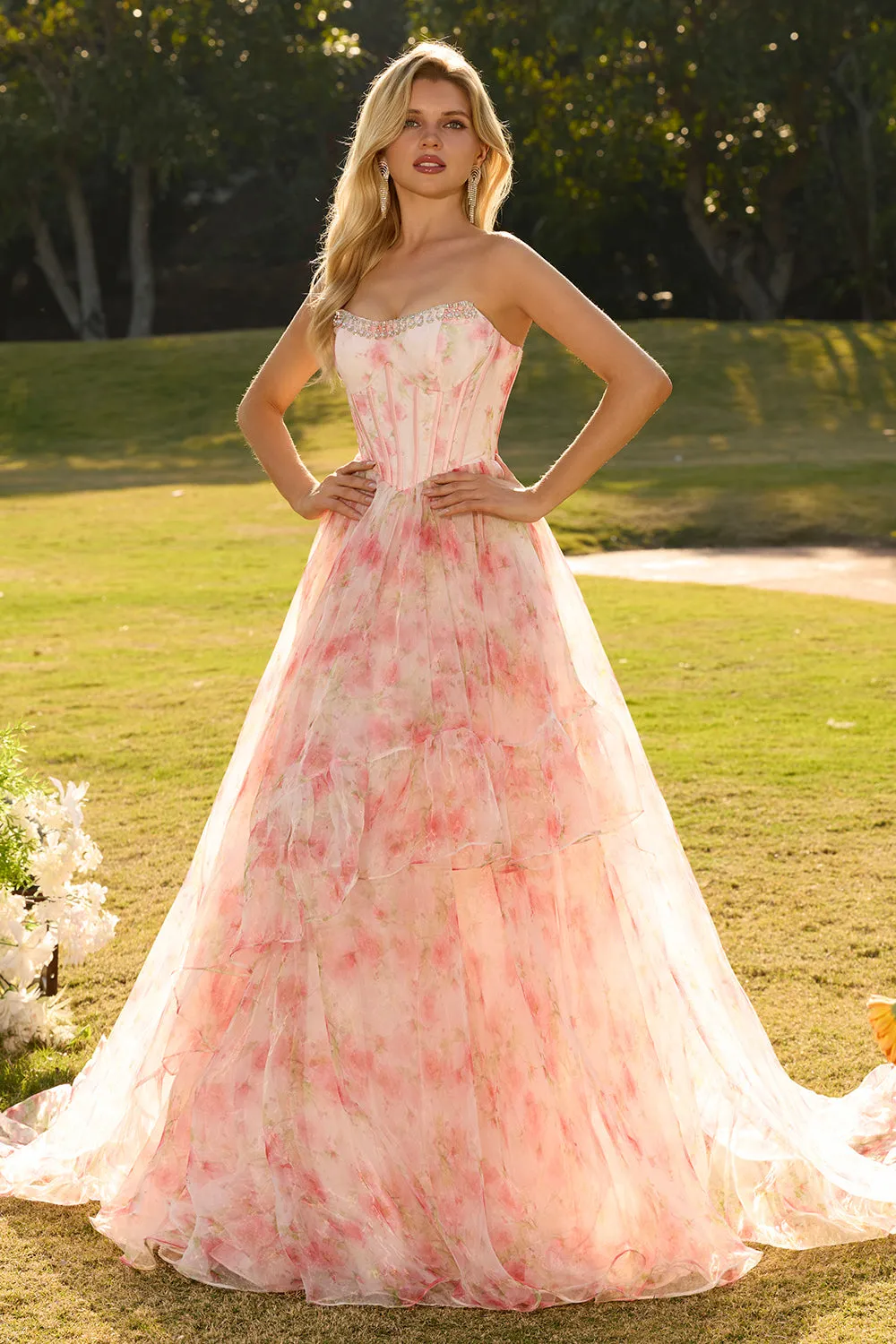 Strapless Pink A-Line Corset Print Floral Beaded Long Prom Dress with Ruffles sold by Wedtrend