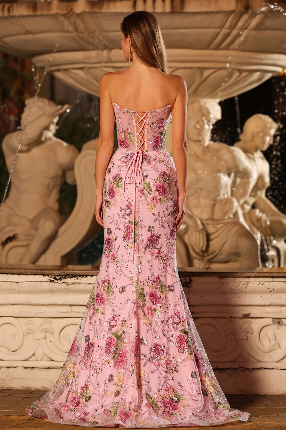 Strapless Pink Floral Mermaid Corset Sequin Long Prom Dress with Slit sold by Wedtrend product image thumbnail 2