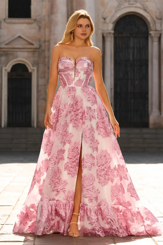 Pink Strapless A Line Corset Floral Jacquard Long Prom Dress with Slit sold by Wedtrend