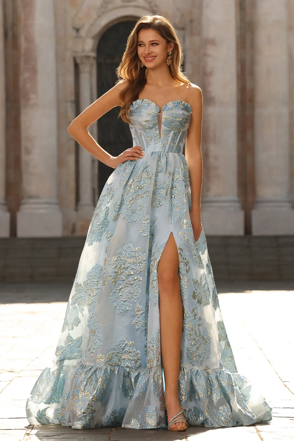 Light Blue Strapless A Line Corset Floral Jacquard Long Prom Dress with Slit sold by Wedtrend product image thumbnail 4