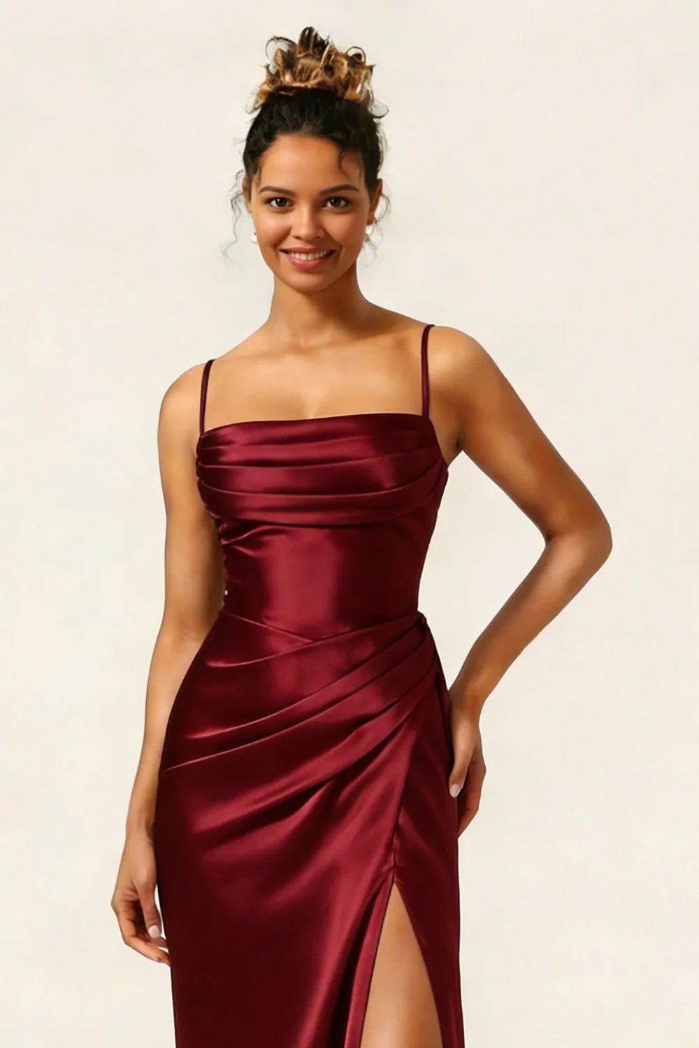 Burgundy Mermaid Ruched Satin Long Bridesmaid Dress with Slit sold by Wedtrend product image thumbnail 2