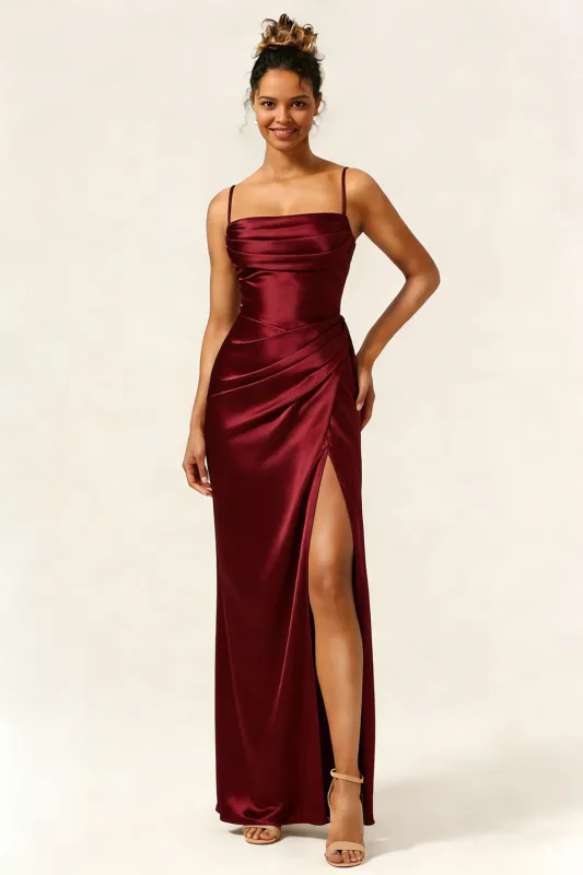 Burgundy Mermaid Ruched Satin Long Bridesmaid Dress with Slit sold by Wedtrend