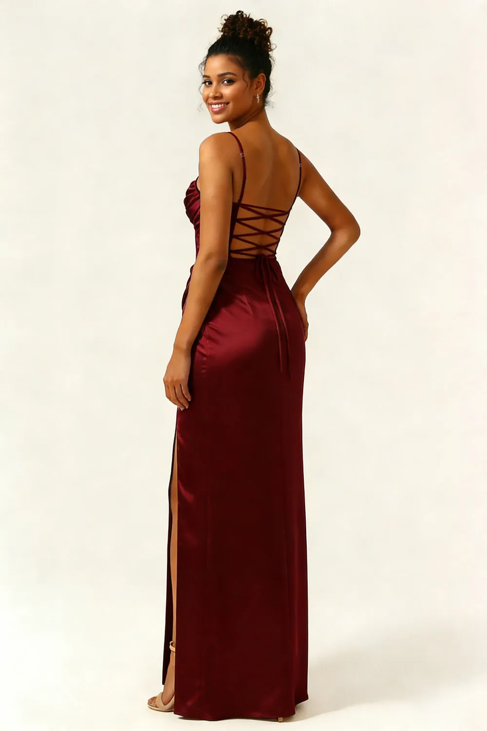 Burgundy Mermaid Ruched Satin Long Bridesmaid Dress with Slit sold by Wedtrend product image thumbnail 3