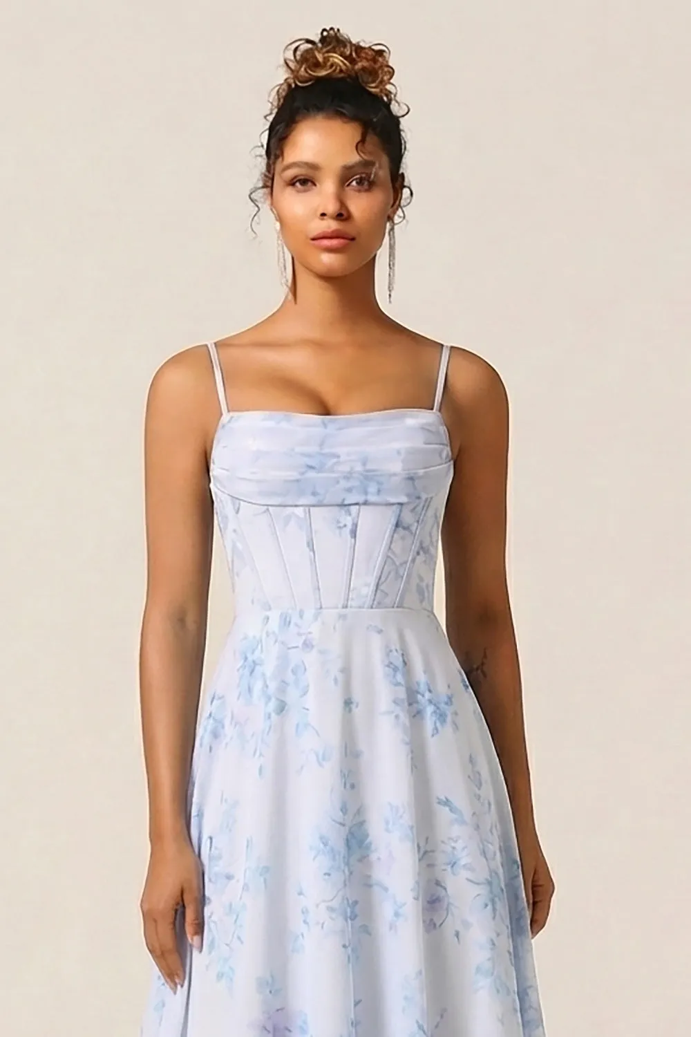 Blue Floral Corset A Line Printed Chiffon Long Bridesmaid Dress sold by Wedtrend product image thumbnail 5