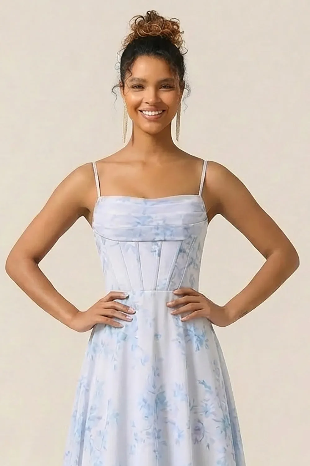Blue Floral Corset A Line Printed Chiffon Long Bridesmaid Dress sold by Wedtrend product image thumbnail 4