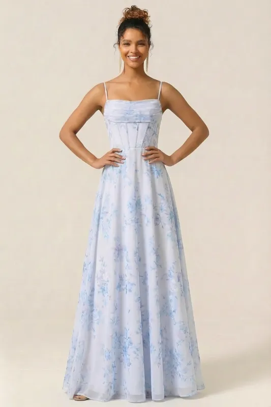 Blue Floral Corset A Line Printed Chiffon Long Bridesmaid Dress made by Wedtrend