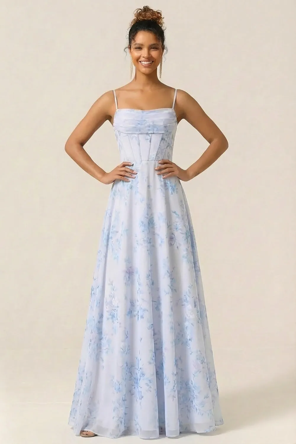 Blue Floral Corset A Line Printed Chiffon Long Bridesmaid Dress sold by Wedtrend