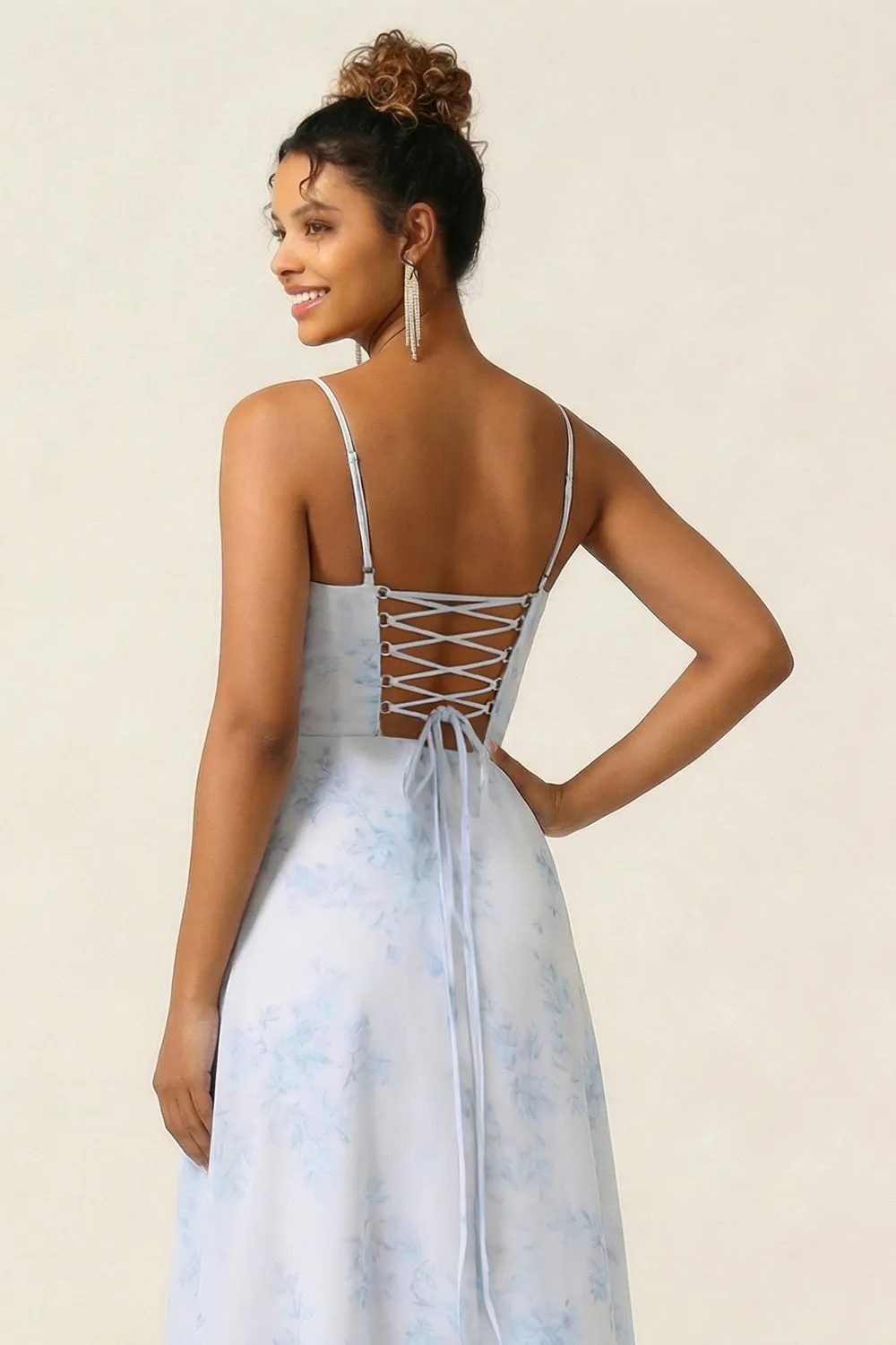 A Line Blue Flower Spaghetti Straps Printed Long Bridesmaid Dress with Slit sold by Wedtrend product image thumbnail 4