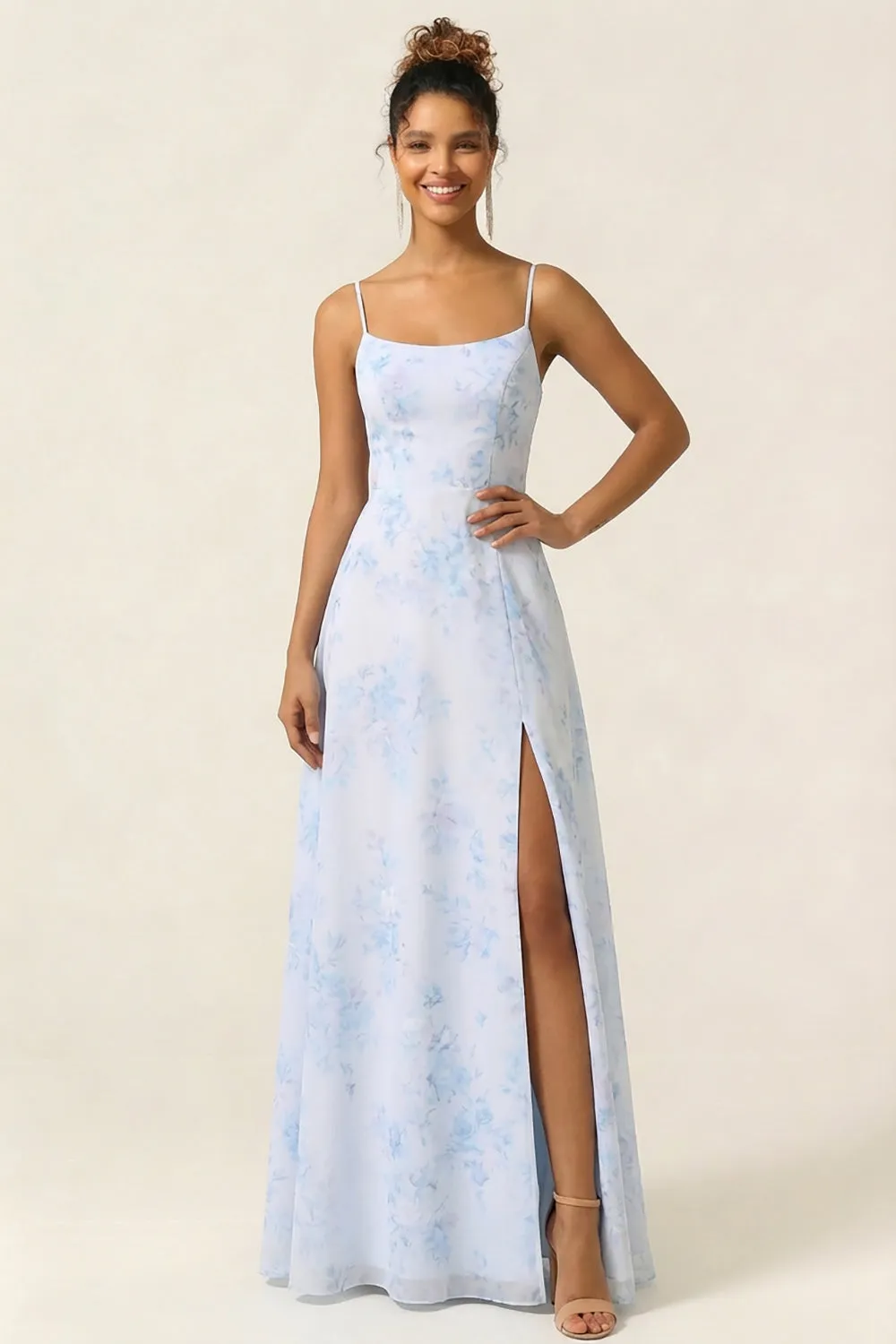 A Line Blue Flower Spaghetti Straps Printed Long Bridesmaid Dress with Slit sold by Wedtrend