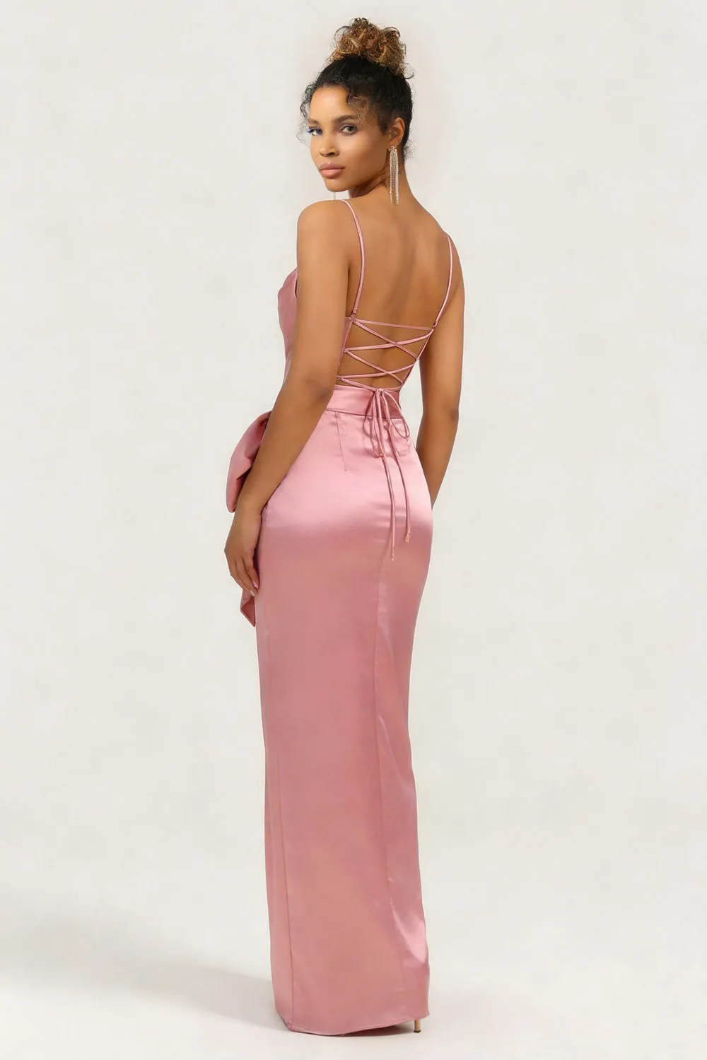 Blush Pink Mermaid Satin Bowed Long Bridesmaid Dress with Slit sold by Wedtrend product image thumbnail 2