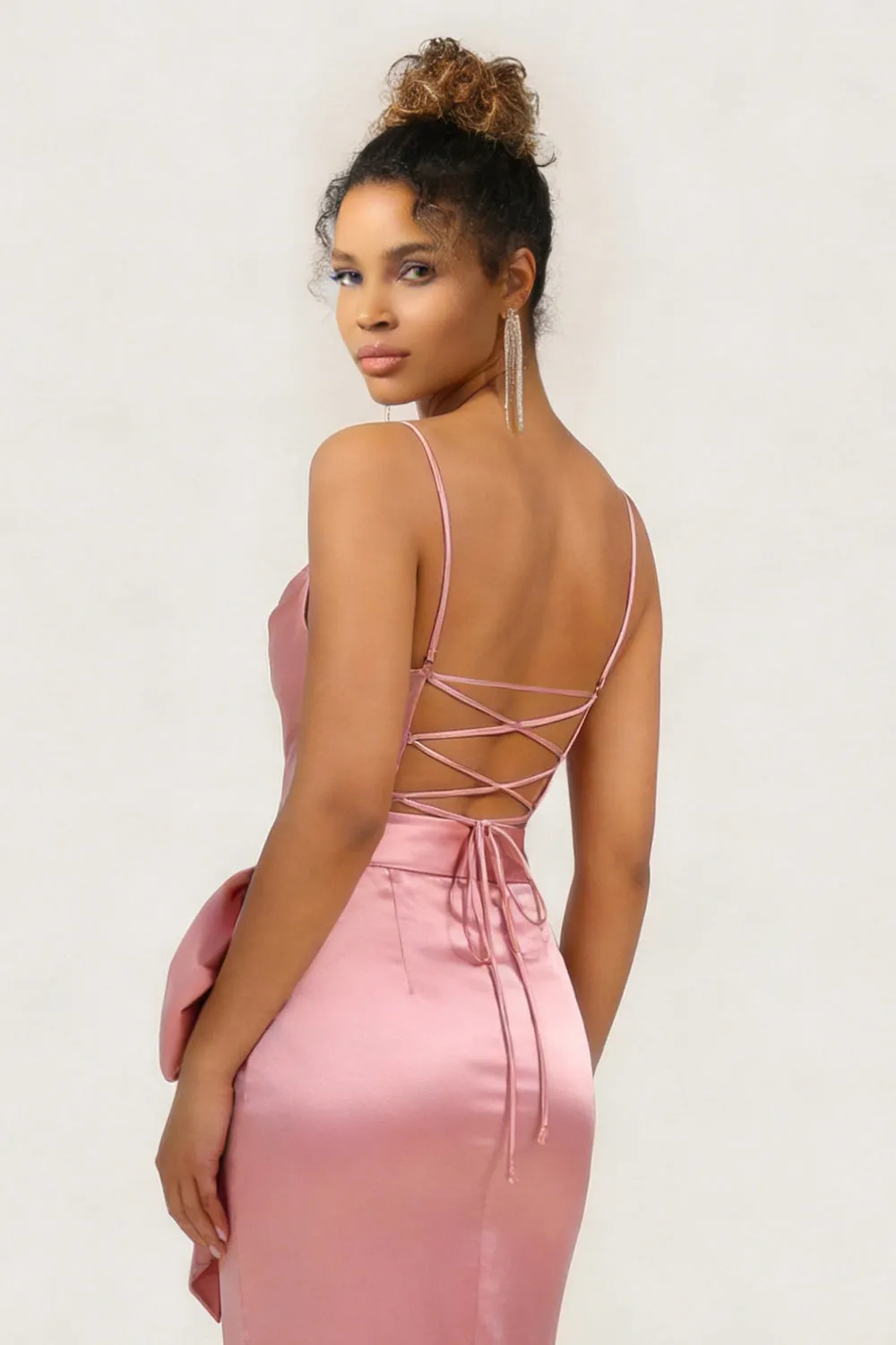 Blush Pink Mermaid Satin Bowed Long Bridesmaid Dress with Slit sold by Wedtrend product image thumbnail 4